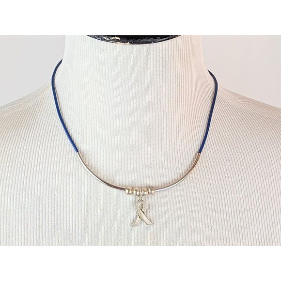 Alopecia Awareness Necklace Autoimmune Blue Ribbon Necklace Silver Charm Blue - Picture 2 of 9